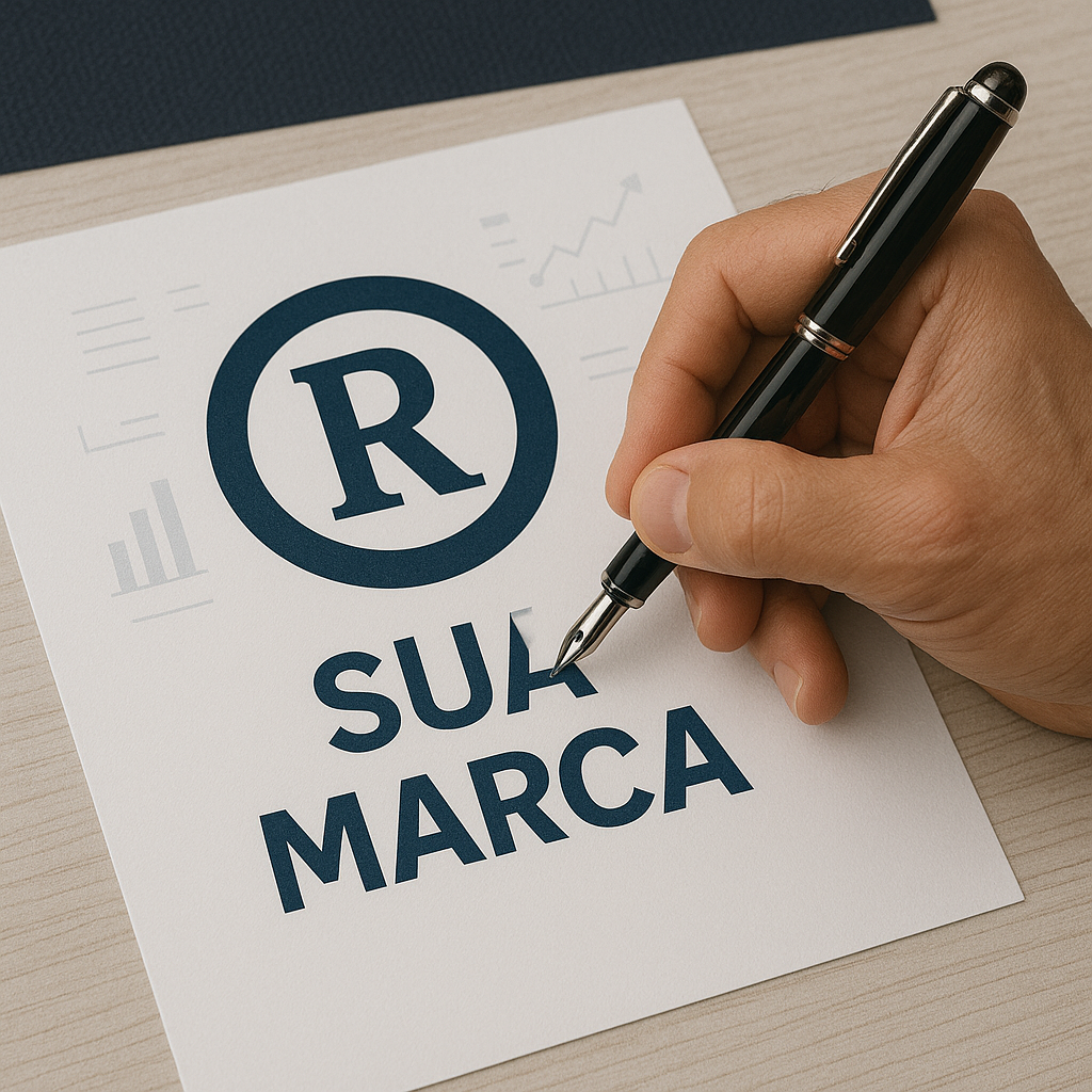 Registro de marca com símbolo ® e caneta elegante